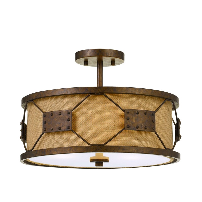 Metal Frame Drum Shade Pendant Fixture With Lattice Design, Rustic Bronze By Benzara