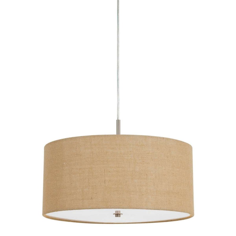 Metal Pendant Lighting With Fabric Circular Drum Shade And Cord, Beige By Benzara