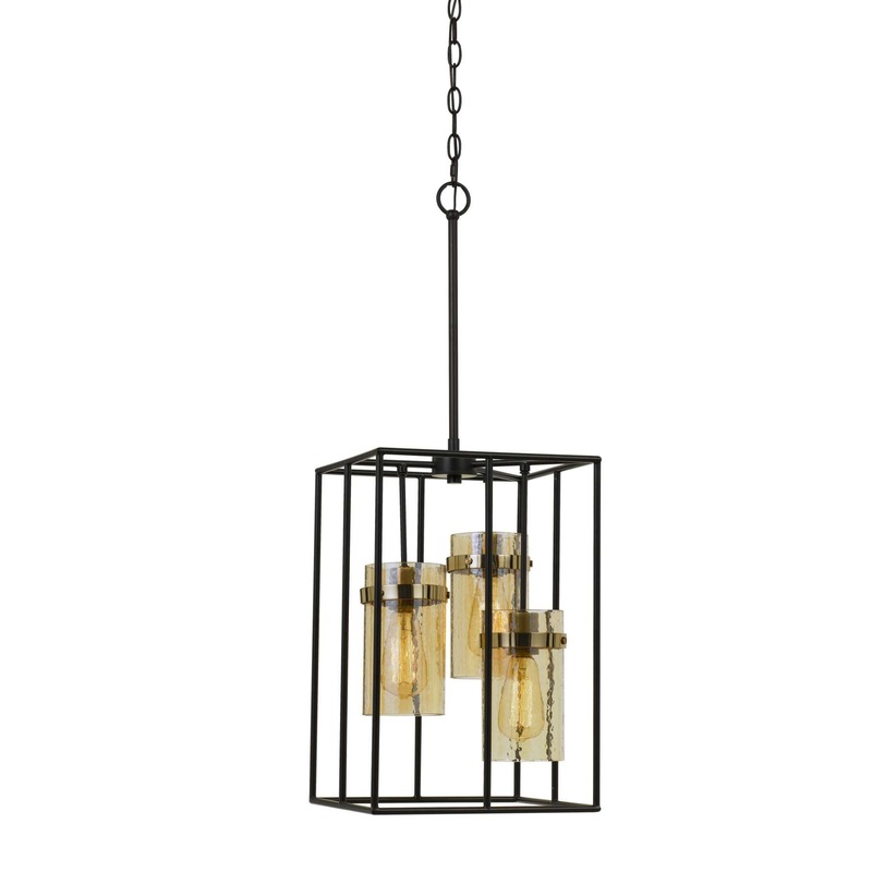 Rectangular Open Cage Design Pendant With Cylindrical Glass Shade, Black By Benzara
