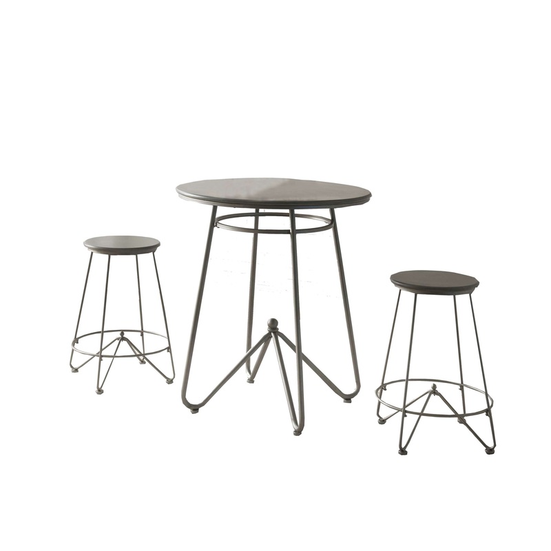 3 Piece Round Top Counter Height Set With Raised Metal Base, Oak Gray By Benzara
