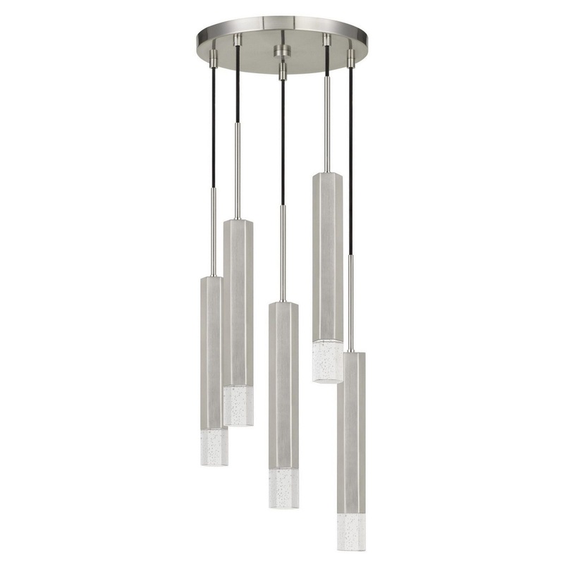 Hexagonal Metal Frame 5 Led Light Pendant With Glass Diffuser, Gray By Benzara