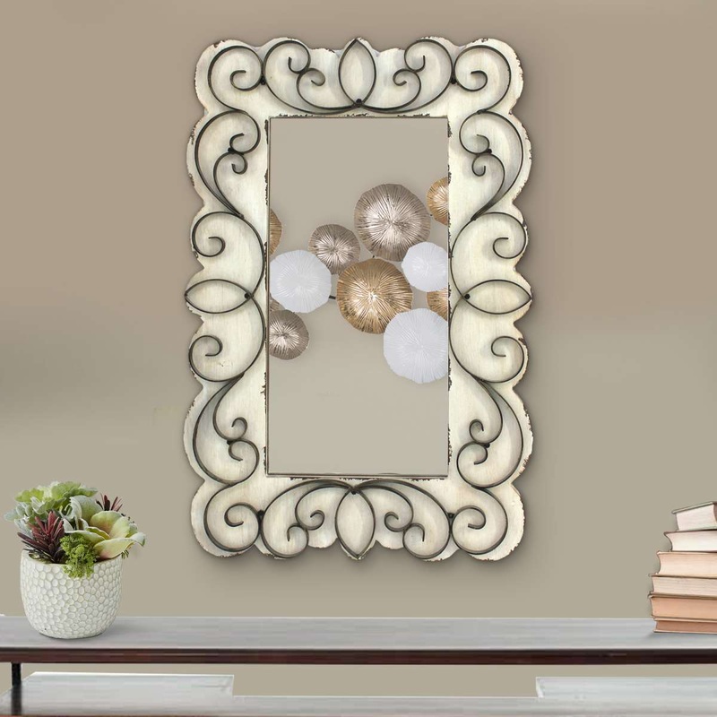 Rectangular Wall Mirror With Wooden Frame And Metal Scrolled Edges, White By Benzara
