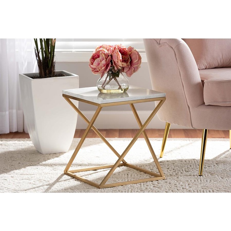 Baxton Studio Hadley Modern and Contemporary Gold Finished Metal End Table with Marble Tabletop