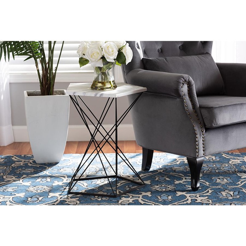 Baxton Studio Oberon Modern and Contemporary Black Finished Metal End Table with Faux Marble Tabletop