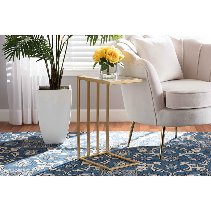 Baxton Studio Parkin Modern and Contemporary Gold Finished Metal C Shaped End Table with Marble Tabletop