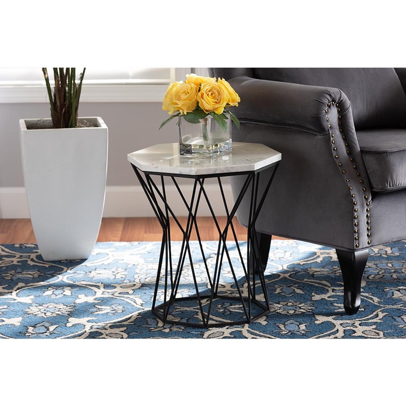 Baxton Studio Venedict Modern and Contemporary Black Metal End Table with Marble Tabletop