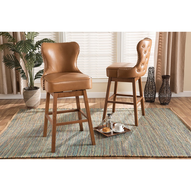 Baxton Studio Gradisca Modern and Contemporary Tan Faux Leather Upholstered and Walnut Brown Finished Wood 2-Piece Swivel Bar Stool Set