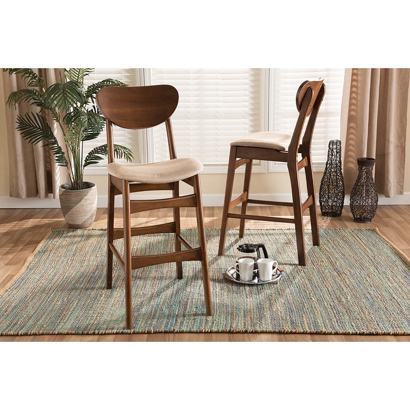Baxton Studio Katya Mid-Century Modern Sand Fabric Upholstered and Walnut Brown Finished Wood 2-Piece Bar Stool Set