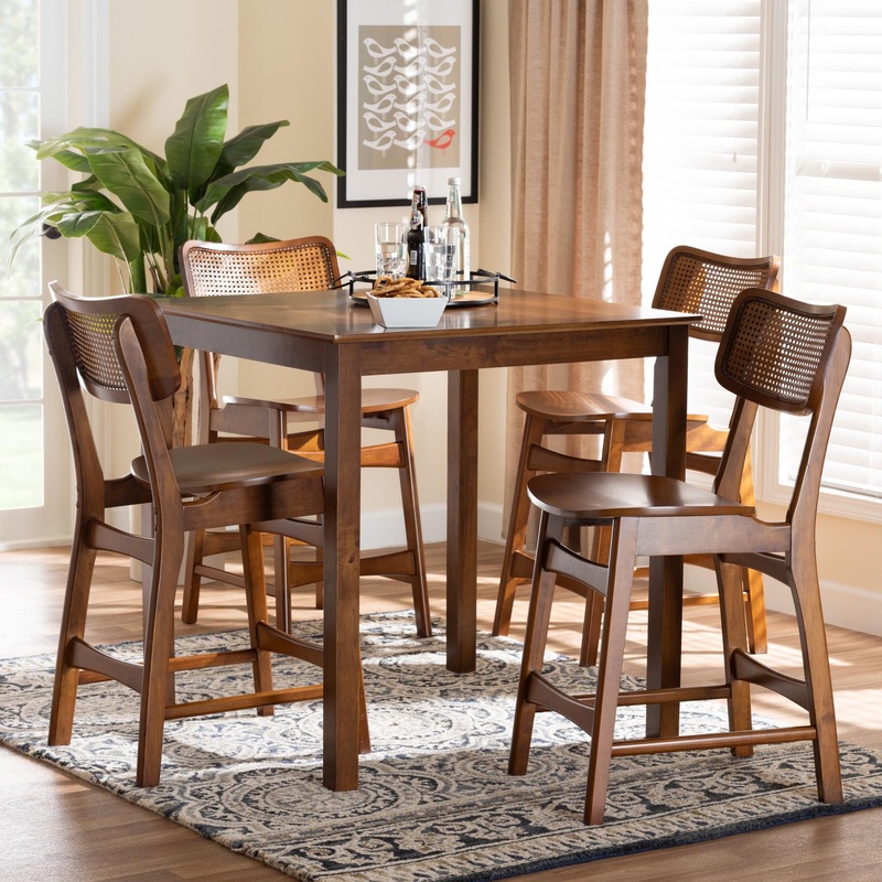 Baxton Studio Tafari Mid-Century Modern Walnut Brown Finished Wood and Rattan Pub Set