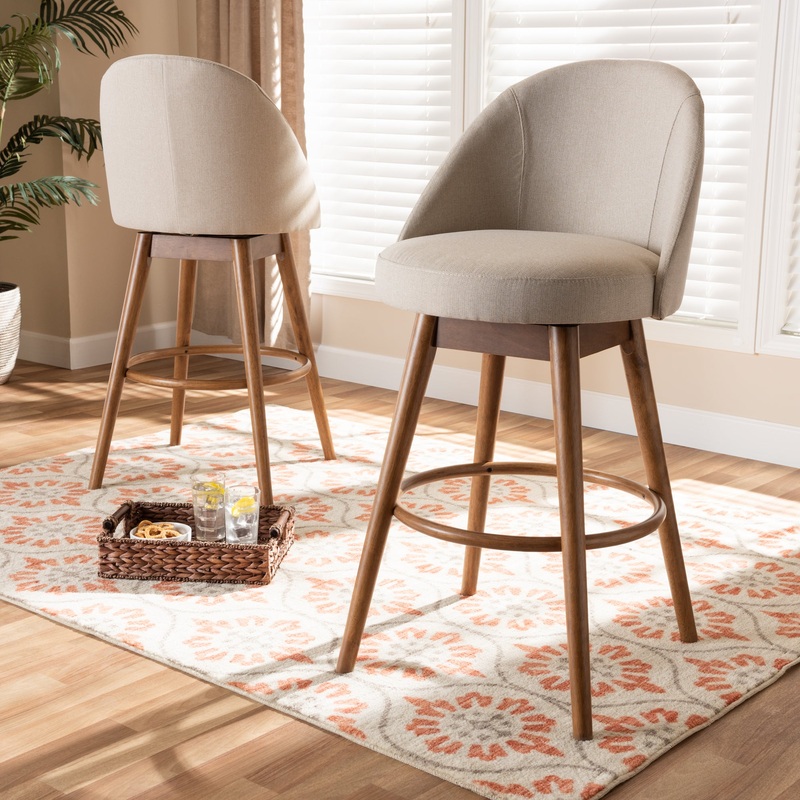 Baxton Studio Carra Mid-Century Modern Light Beige Fabric Upholstered Walnut-Finished Wood Swivel Bar Stool Set of 2