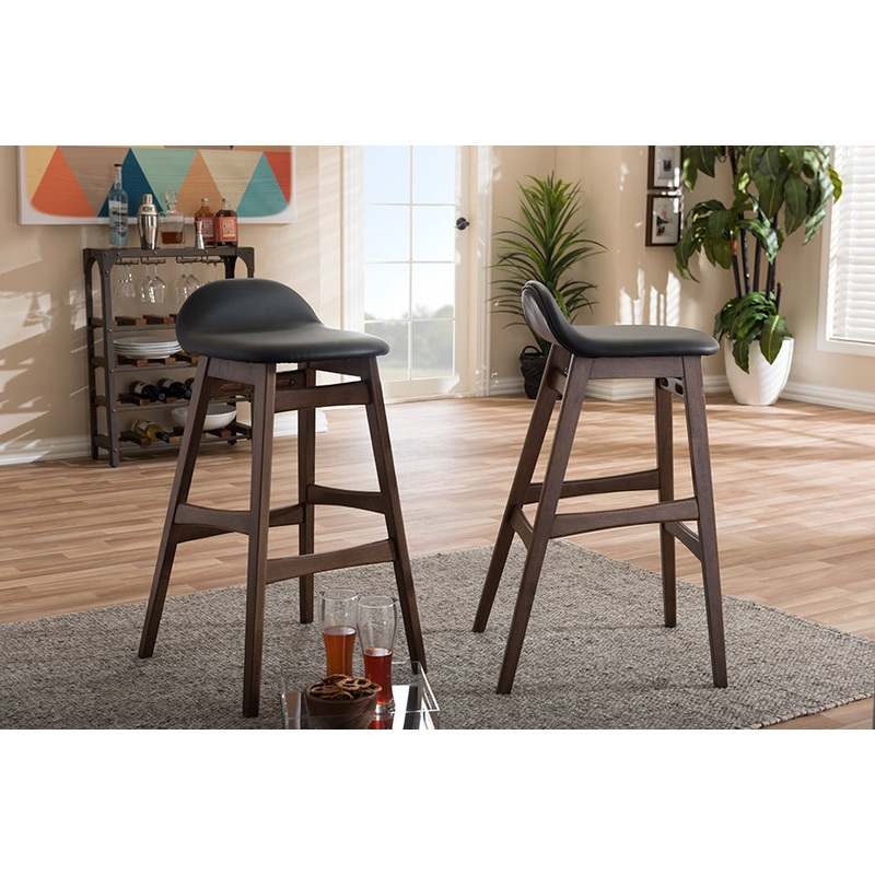 Baxton Studio Bloom Mid-century Retro Modern Scandinavian Style Black Faux Leather Upholstered Walnut Wood Finishing 30-Inches Bar Stool (Set of 2)