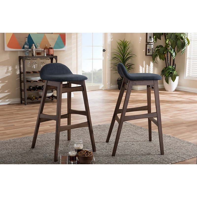 Baxton Studio Bloom Mid-century Retro Modern Scandinavian Style Dark Blue Fabric Upholstered Walnut Wood Finishing 30-Inches Bar Stool (Set of 2)