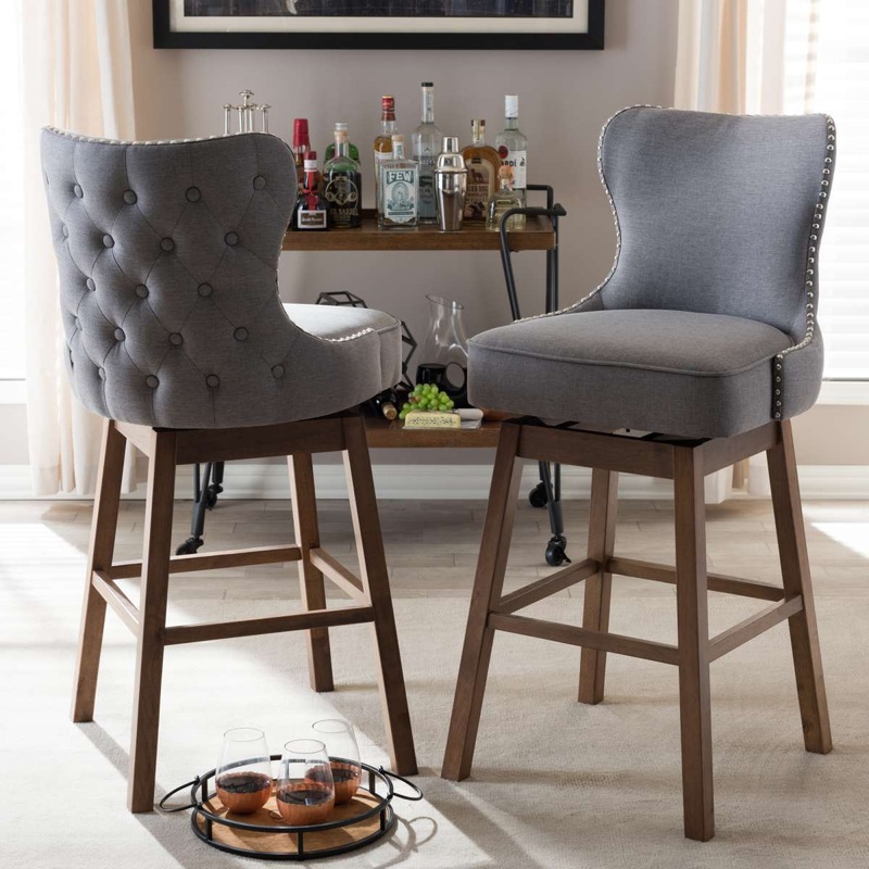 Baxton Studio Gradisca Modern and Contemporary Brown Wood Finishing and Grey Fabric Button-Tufted Upholstered Swivel Barstool