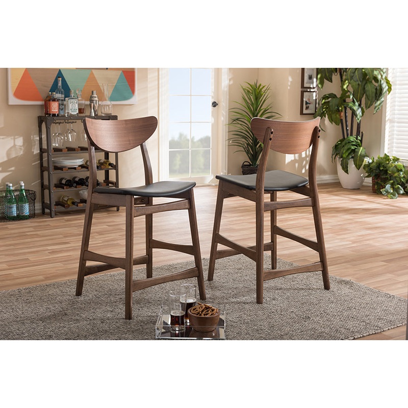 Baxton Studio Latina Mid-century Retro Modern Scandinavian Style Black Faux Leather Upholstered Walnut Wood Finishing 24-Inches Counter Stool (Set of 2)
