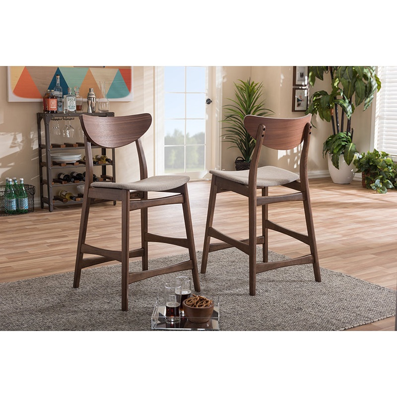 Baxton Studio Latina Mid-century Retro Modern Scandinavian Style Light Grey Fabric Upholstered Walnut Wood Finishing 24-Inches Counter Stool (Set of 2)