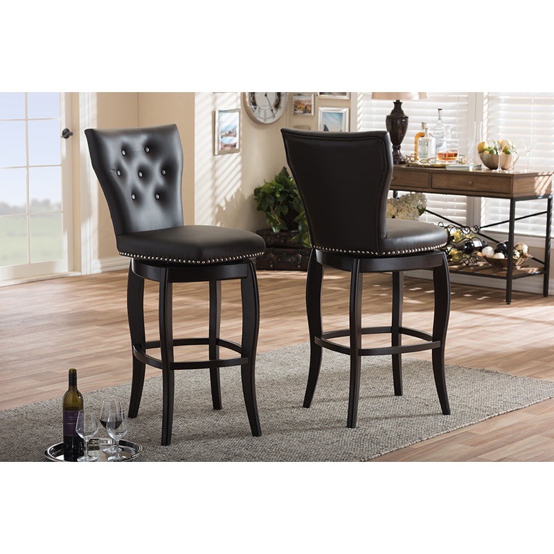 Baxton Studio Leonice Modern and Contemporary Dark Brown Faux Leather Upholstered Button-tufted 29-Inch Swivel Bar Stool (Set of 2)