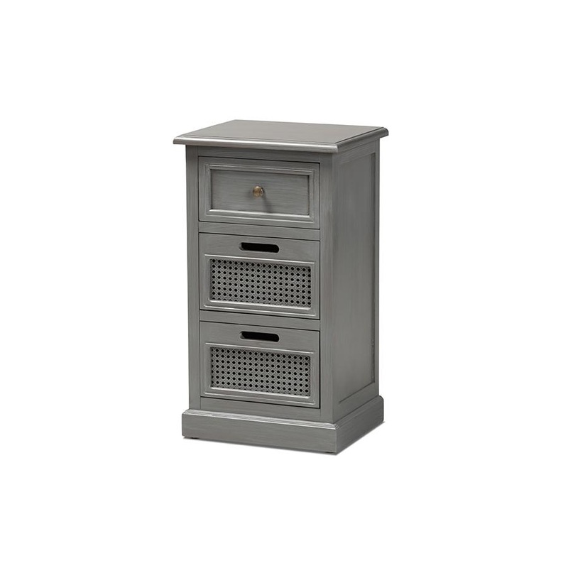 Baxton Studio Sheldon Modern and Contemporary Vintage Grey Finished Wood and Synthetic Rattan 3-Drawer End Table