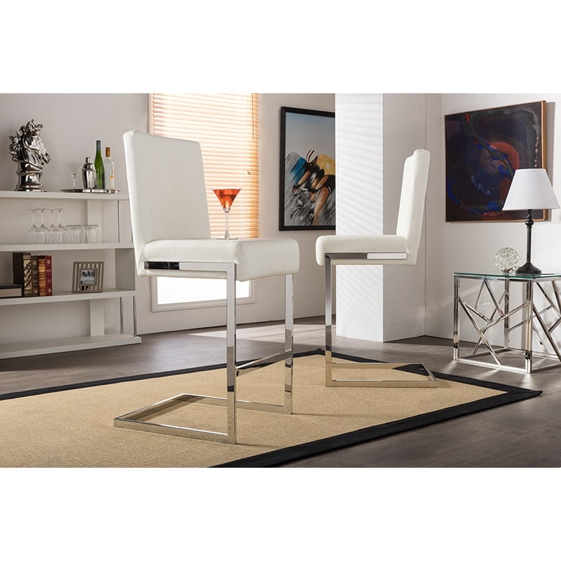 Baxton Studio Toulan Modern and Contemporary White Faux Leather Upholstered Stainless Steel Barstool (Set of 2)
