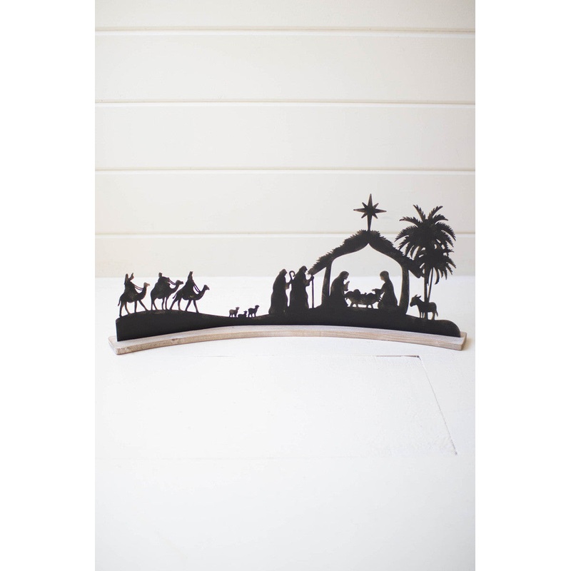 Black Metal Nativity On A Curved White Wood Base By Kalalou
