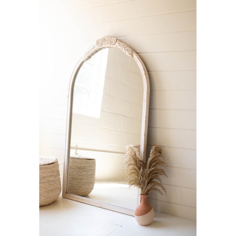 Large Arched Wood Framed Mirror With Carved Detail By Kalalou
