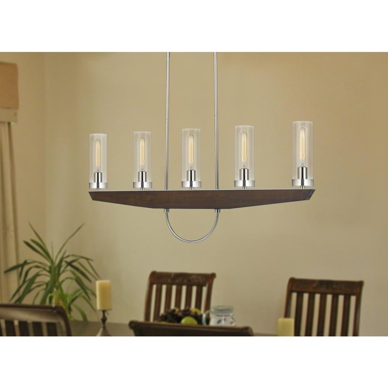 60W X 5 Ercolano Pine Wood/Metal Island Chandelier With Clear Glass Shade (Edison Bulbs Not Included), Wood/Brushed Steel By Cal Lighting