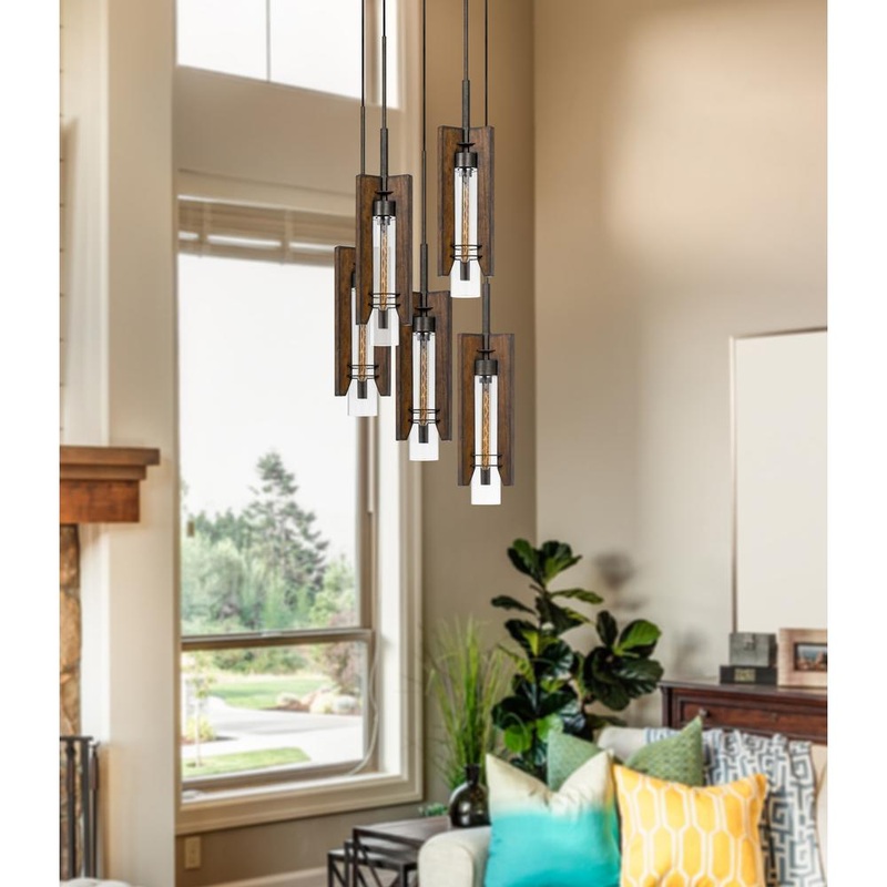 60W X 3 Almeria Wood/Glass 4 Light Pendant Fixture (Edison Bulbs Not Included) By Cal Lighting