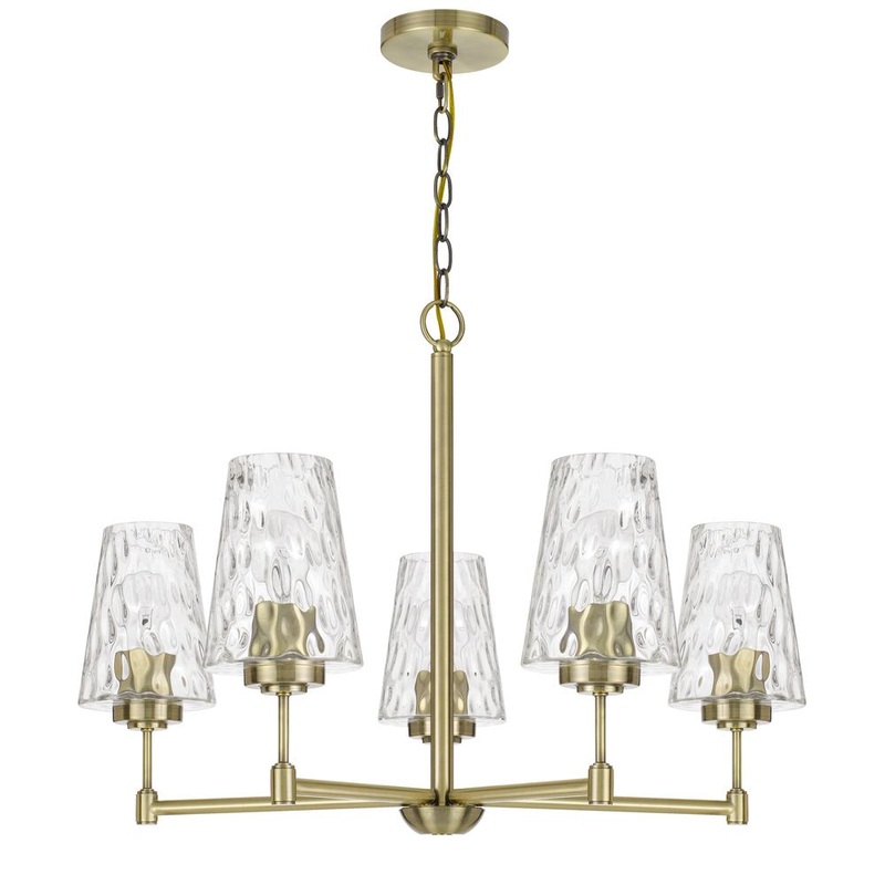 60W X 5 Crestwood Metal Chandelier With Textured Glass Shades, Antique Brass By Cal Lighting