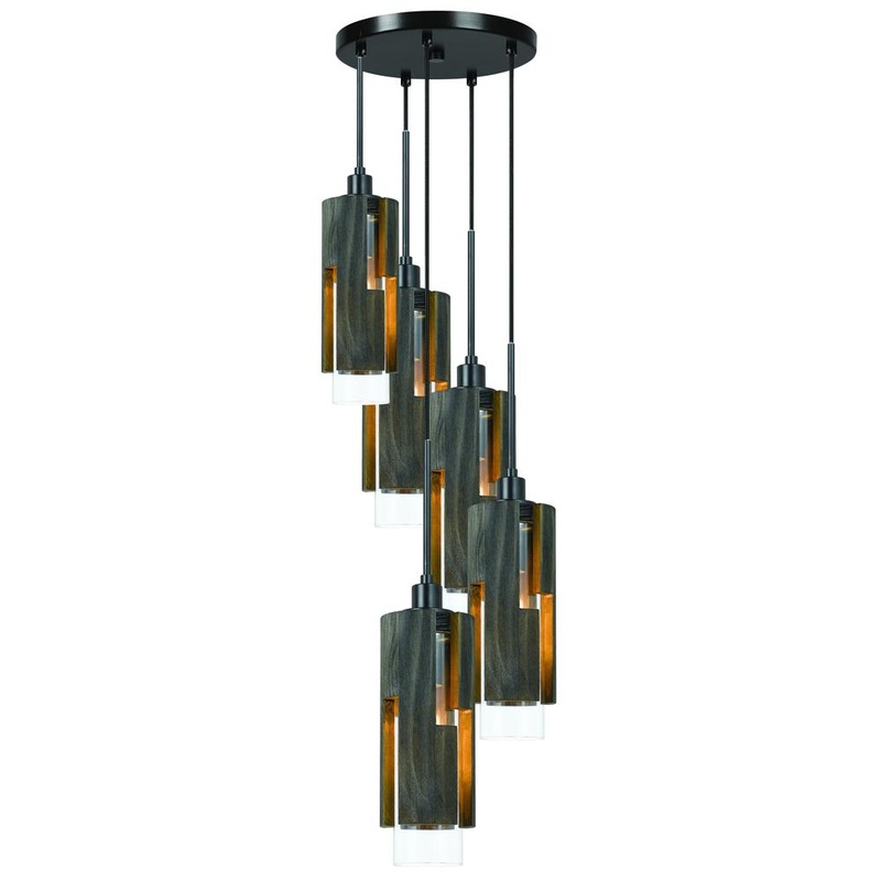 60W X 5 Reggio Wood Pendant Glass Fixture (Edison Bulbs Not Included) By Cal Lighting