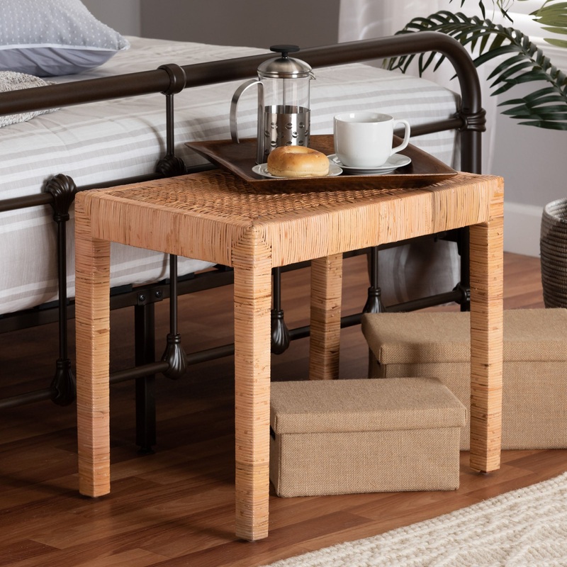 Baxton Studio bali & pari Abelia Modern Bohemian Natural Rattan and Mahogany Wood Short Accent Bench