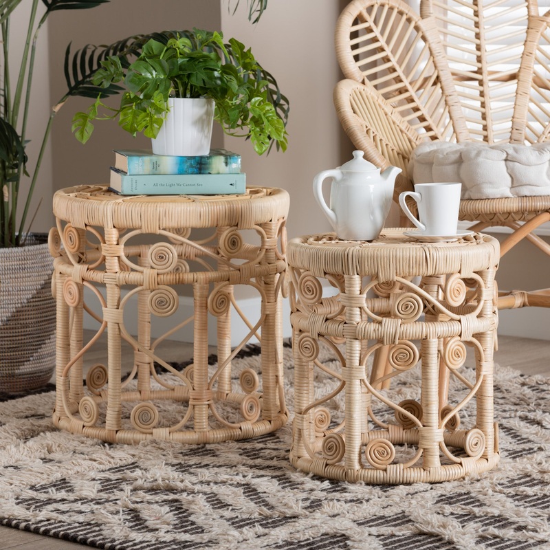 Baxton Studio bali & pari Bowie Modern Bohemian Natural Brown Rattan 2-Piece Nesting End Table Set