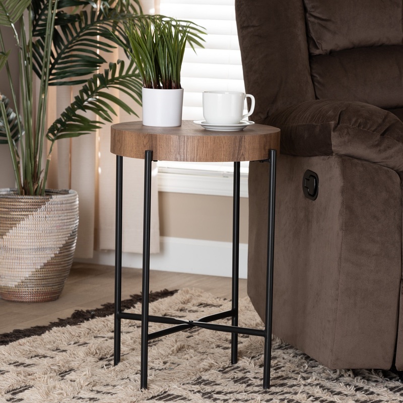 Baxton Studio Savion Modern Industrial Walnut Brown Finished Wood and Black Metal End Table