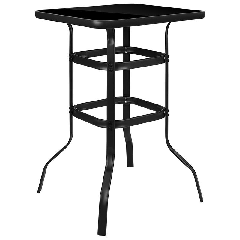27.5" Square Black Tempered Glass Bar Height Metal Patio Bar Table By Flash Furniture