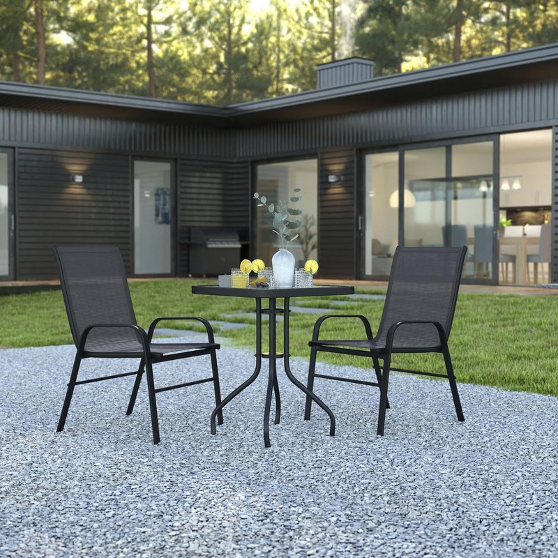 3 Piece Outdoor Patio Dining Set - 23.5" Square Tempered Glass Patio Table, 2 Black Flex Comfort Stack Chairs By Flash Furniture