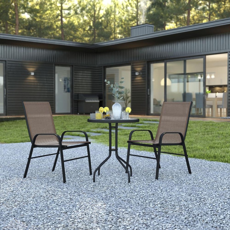 3 Piece Outdoor Patio Dining Set - 23.75" Round Tempered Glass Patio Table, 2 Brown Flex Comfort Stack Chairs By Flash Furniture