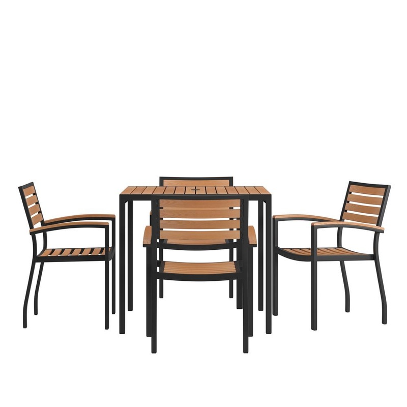 5 Piece Outdoor Dining Table Set - Synthetic Teak Poly Slats - 35" Square Steel Framed Table With Umbrella Hole - 4 Club Chairs By Flash Furniture