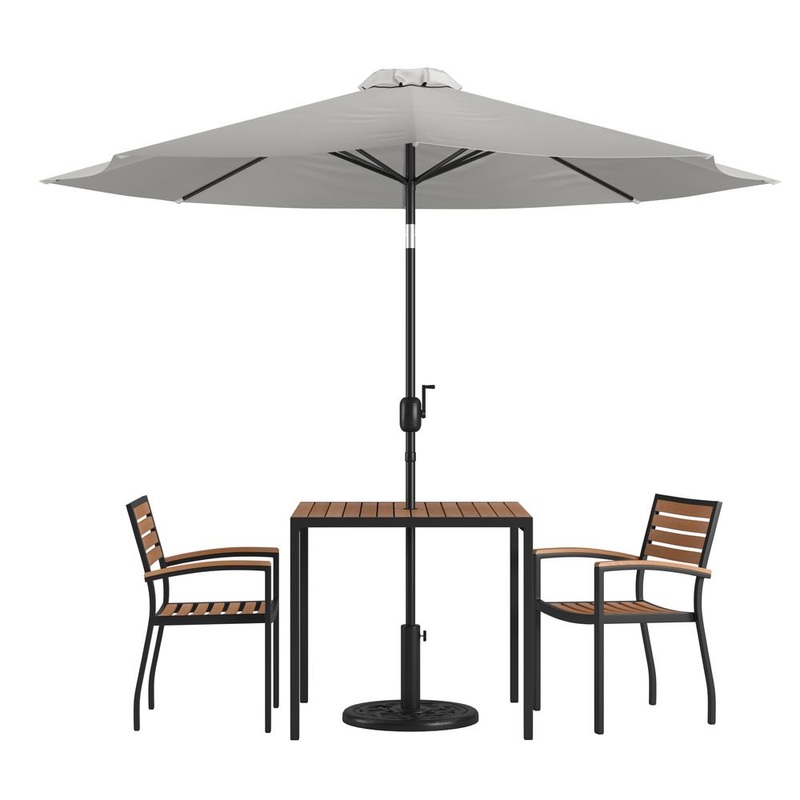5 Piece Outdoor Patio Table Set With 2 Synthetic Teak Stackable Chairs, 35" Square Table, Gray Umbrella & Base By Flash Furniture