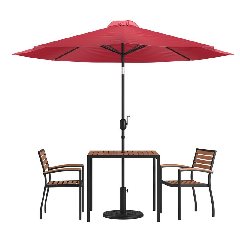 5 Piece Outdoor Patio Table Set With 2 Synthetic Teak Stackable Chairs, 35" Square Table, Red Umbrella & Base By Flash Furniture