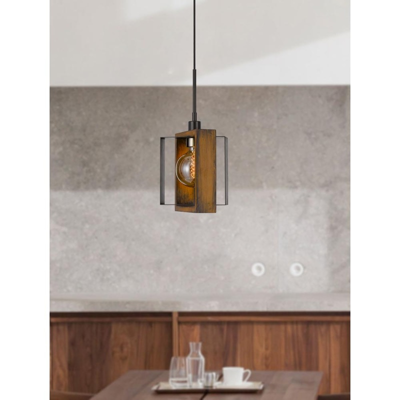 60W Agrigento Pine Wood/Metal Mini Pendant Fixture (Edison Bulb Included), Wood/Black By Cal Lighting