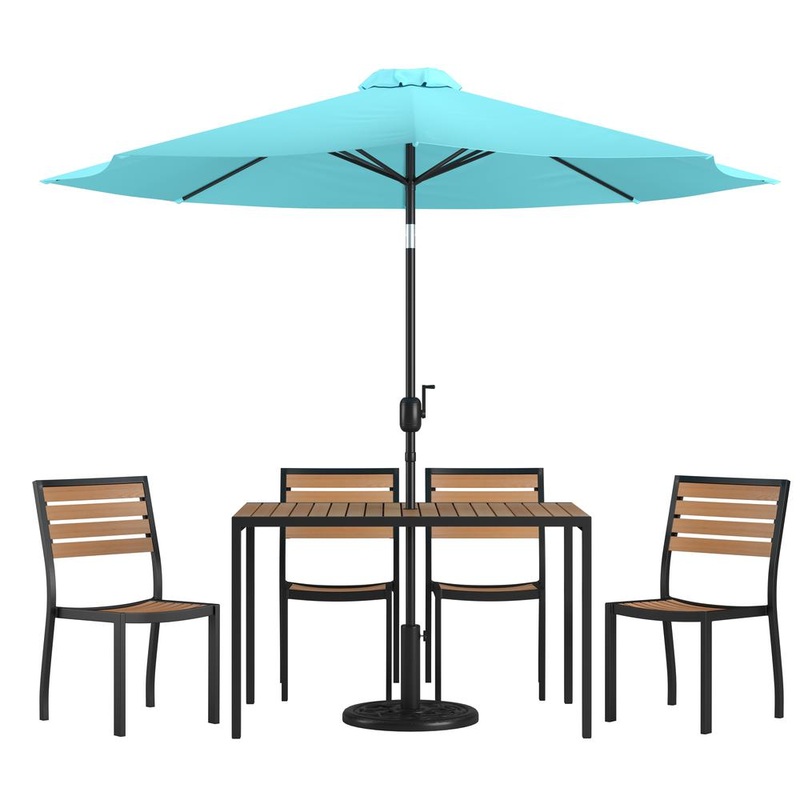 7 Piece All-Weather Deck Or Patio Set With 4 Stacking Faux Teak Chairs, 30" X 48" Faux Teak Table, Teal Umbrella & Base By Flash Furniture
