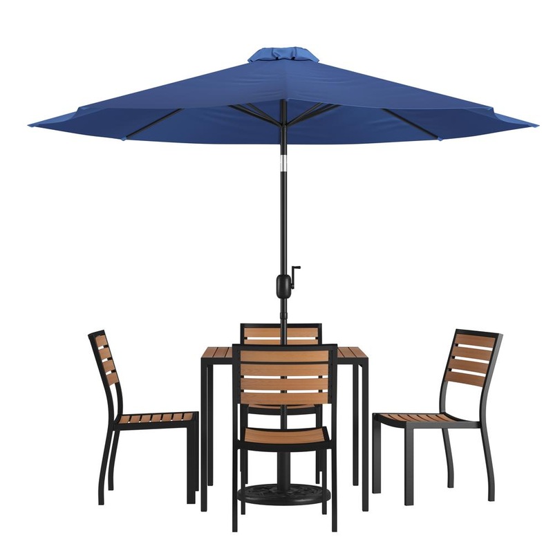 7 Piece All-Weather Deck Or Patio Set With 4 Stacking Faux Teak Chairs, 35" Square Faux Teak Table, Navy Umbrella & Base By Flash Furniture