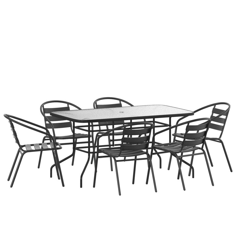 7 Piece Outdoor Patio Dining Set - 55" Tempered Glass Patio Table With Umbrella Hole, 6 Black Metal Aluminum Slat Stack Chairs By Flash Furniture