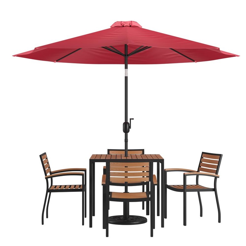 7 Piece Outdoor Patio Table Set With 4 Synthetic Teak Stackable Chairs, 35" Square Table, Red Umbrella & Base By Flash Furniture