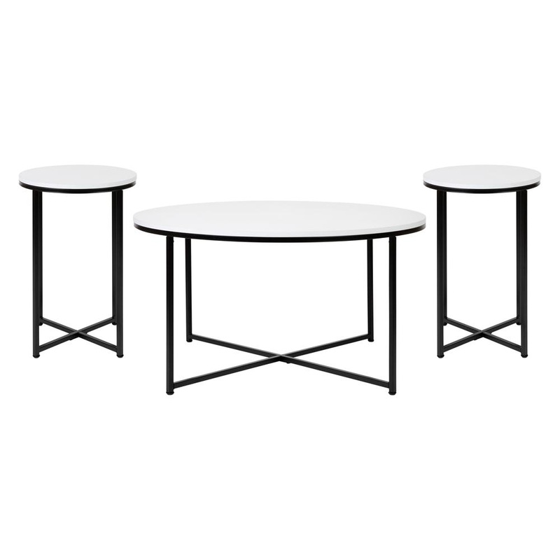 Hampstead Collection Coffee And End Table Set - White Laminate Top With Matte Black Crisscross Frame, 3 Piece Table Set By Flash Furniture