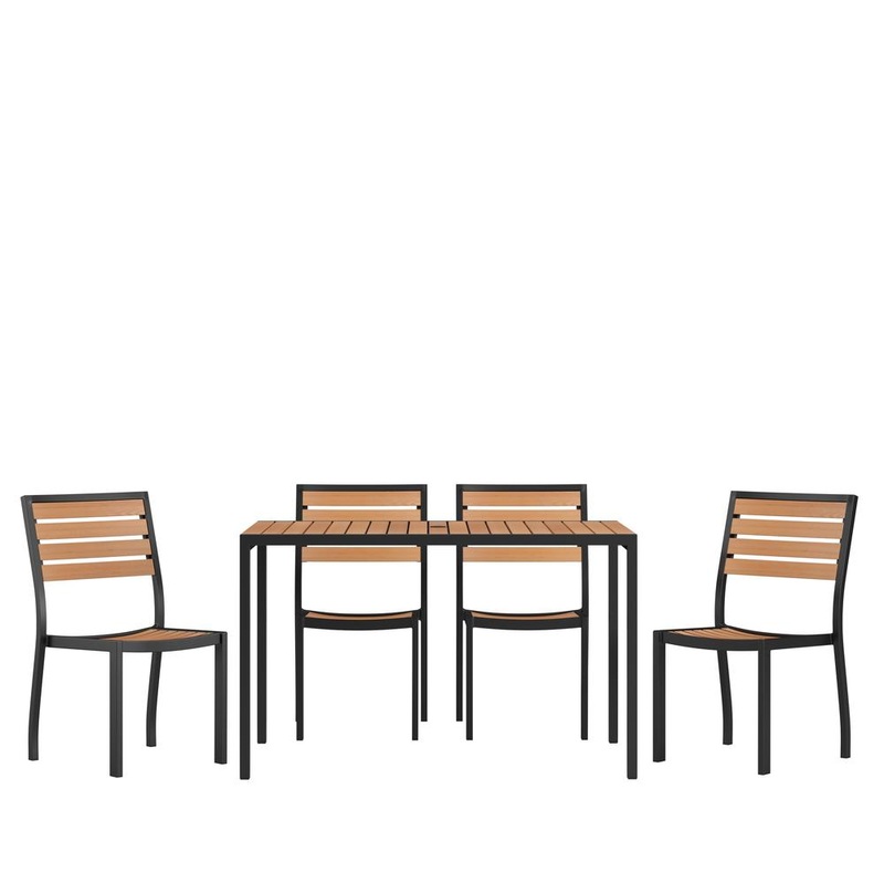 5 Piece Patio Table Set - Synthetic Teak Poly Slats - 30" X 48" Steel Framed Table With 4 Stackable Faux Teak Chairs By Flash Furniture
