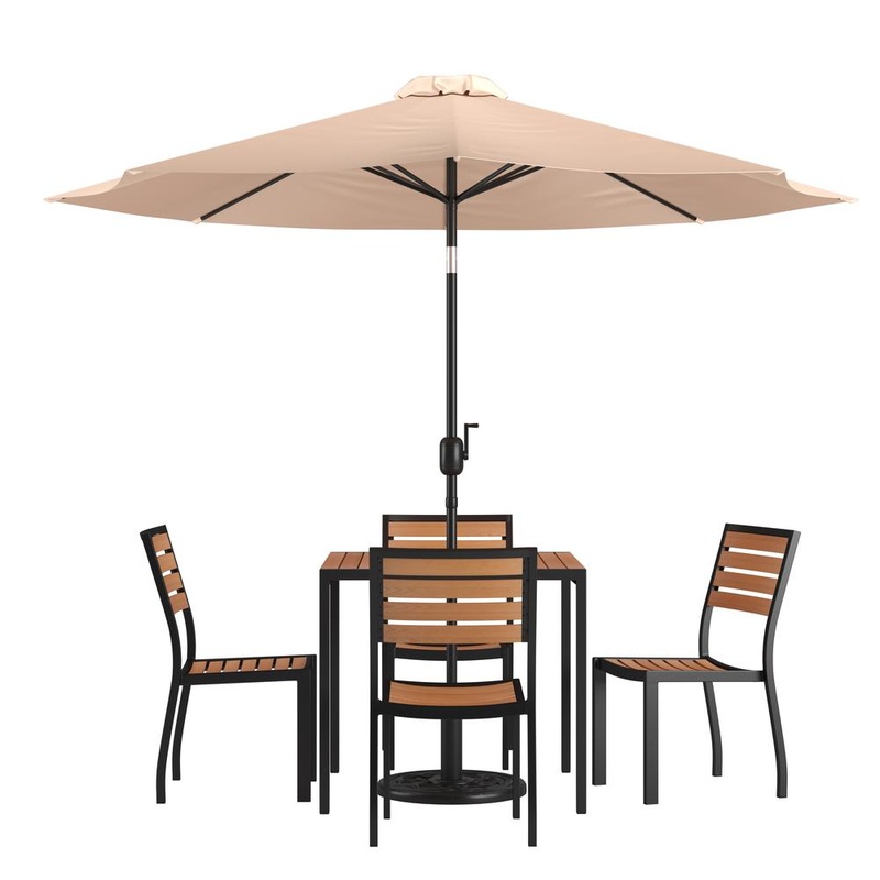 7 Piece All-Weather Deck Or Patio Set With 4 Stacking Faux Teak Chairs, 35" Square Faux Teak Table, Tan Umbrella & Base By Flash Furniture