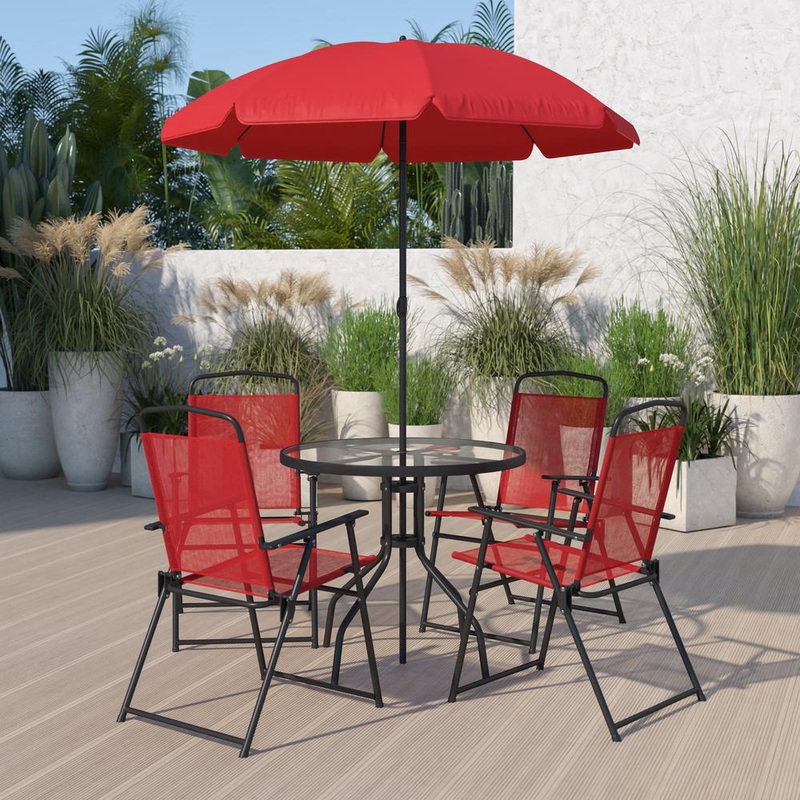 Nantucket 6 Piece Red Patio Garden Set With Umbrella Table And Set Of 4 Folding Chairs By Flash Furniture