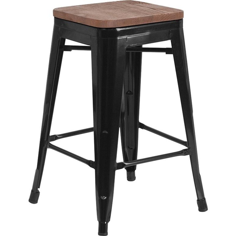 24" High Backless Black Metal Counter Height Stool With Square Wood Seat By Flash Furniture