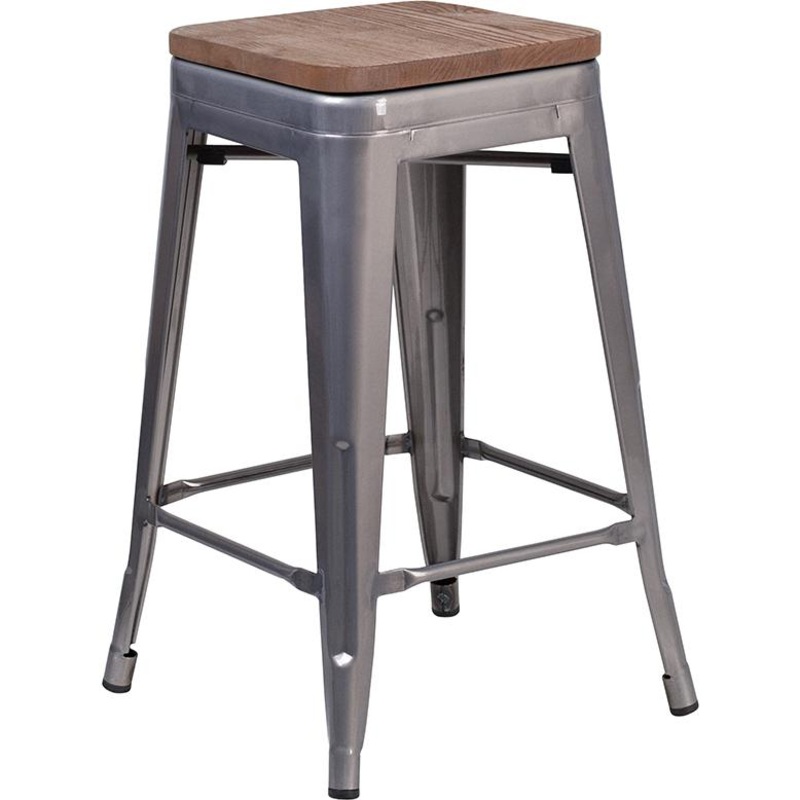 24" High Backless Clear Coated Metal Counter Height Stool With Square Wood Seat By Flash Furniture