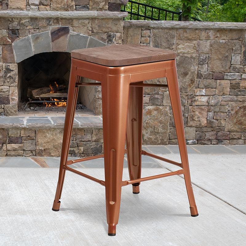 24" High Backless Copper Counter Height Stool With Square Wood Seat By Flash Furniture