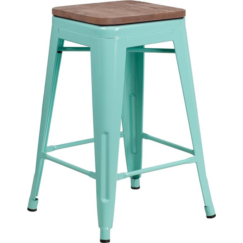 24" High Backless Mint Green Counter Height Stool With Square Wood Seat By Flash Furniture